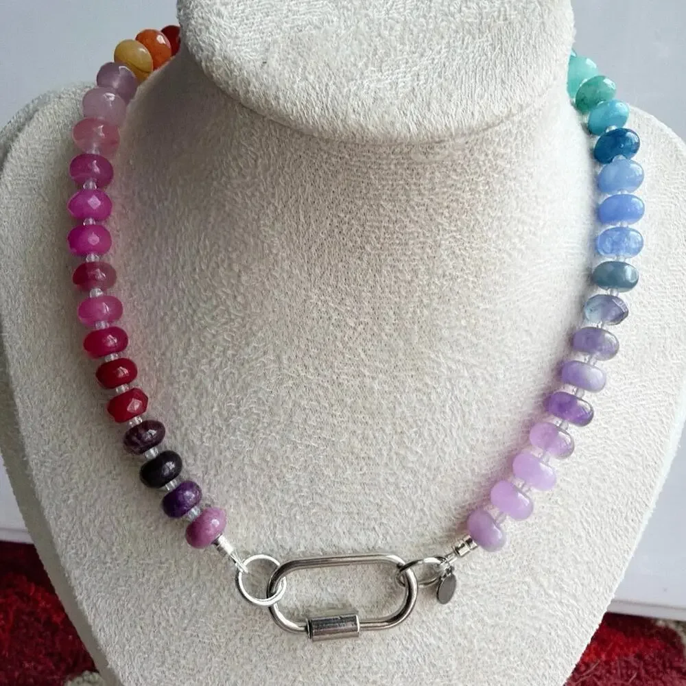 Ombre Rainbow Gemstone Necklace, Semi-Precious, Silver Tone Hardware, Almost 15